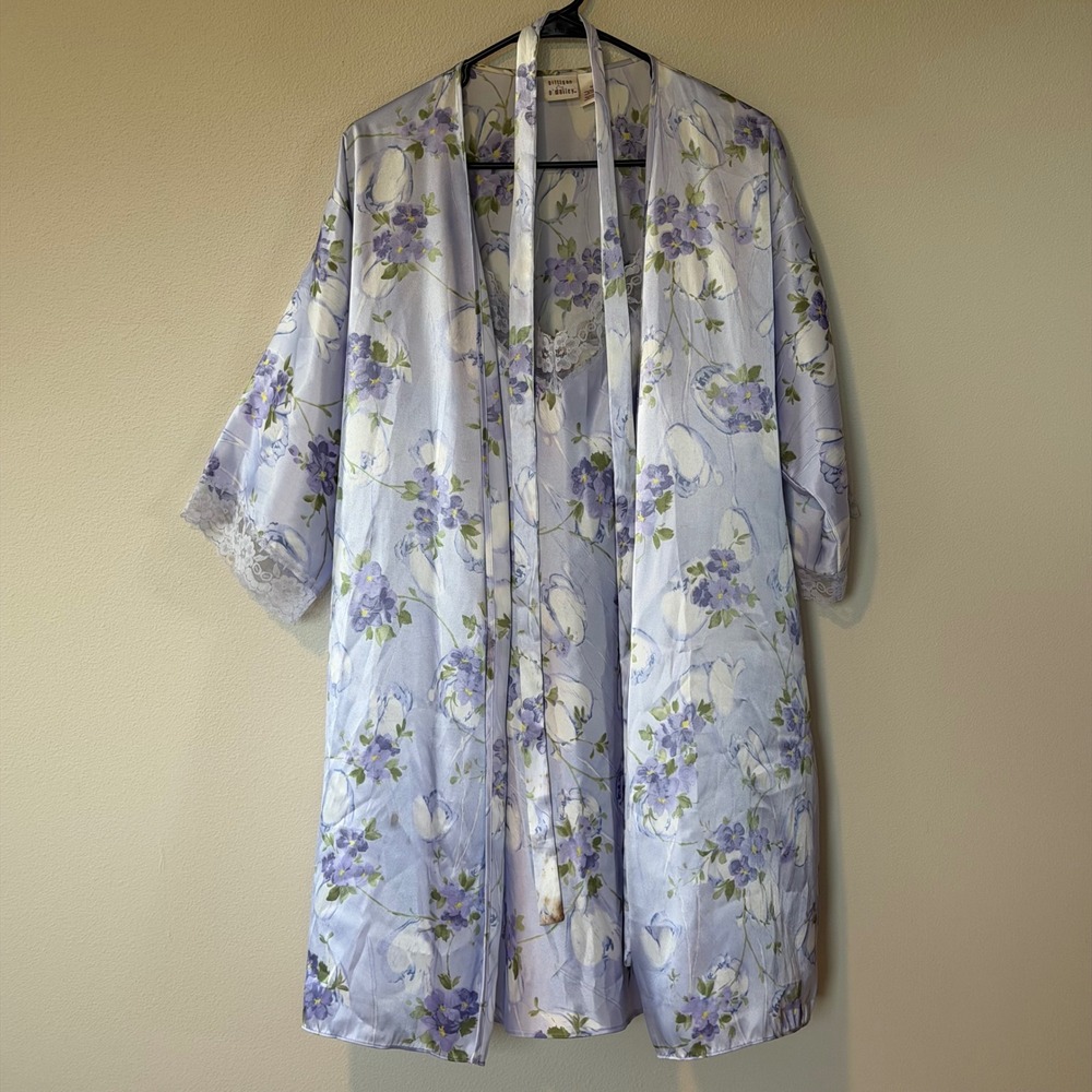 Vintage Gilligan O'Malley Floral Satin Robe Chemise Set Lilac Nightgown Medium - Picture 2 of 9